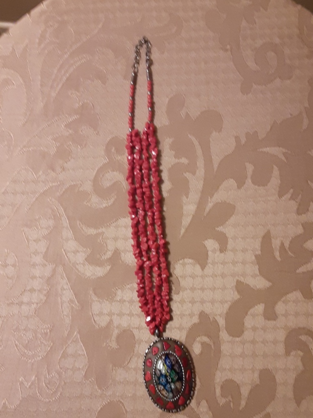 Tibetan-Style Vintage Silver Tone Inlaid Stones & Red Coral Chips Necklace